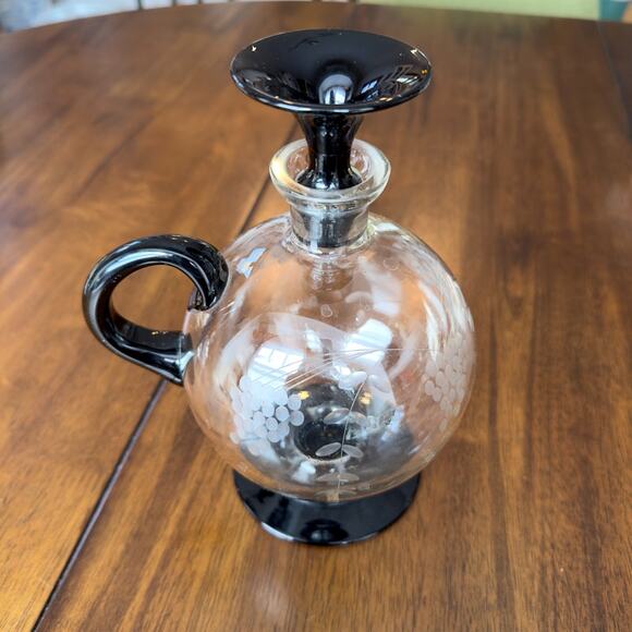 Lyngby Glass Decanter Art Deco Danish Etched Grapes Black Foot and Stopper c 40s - Picture 4 of 13